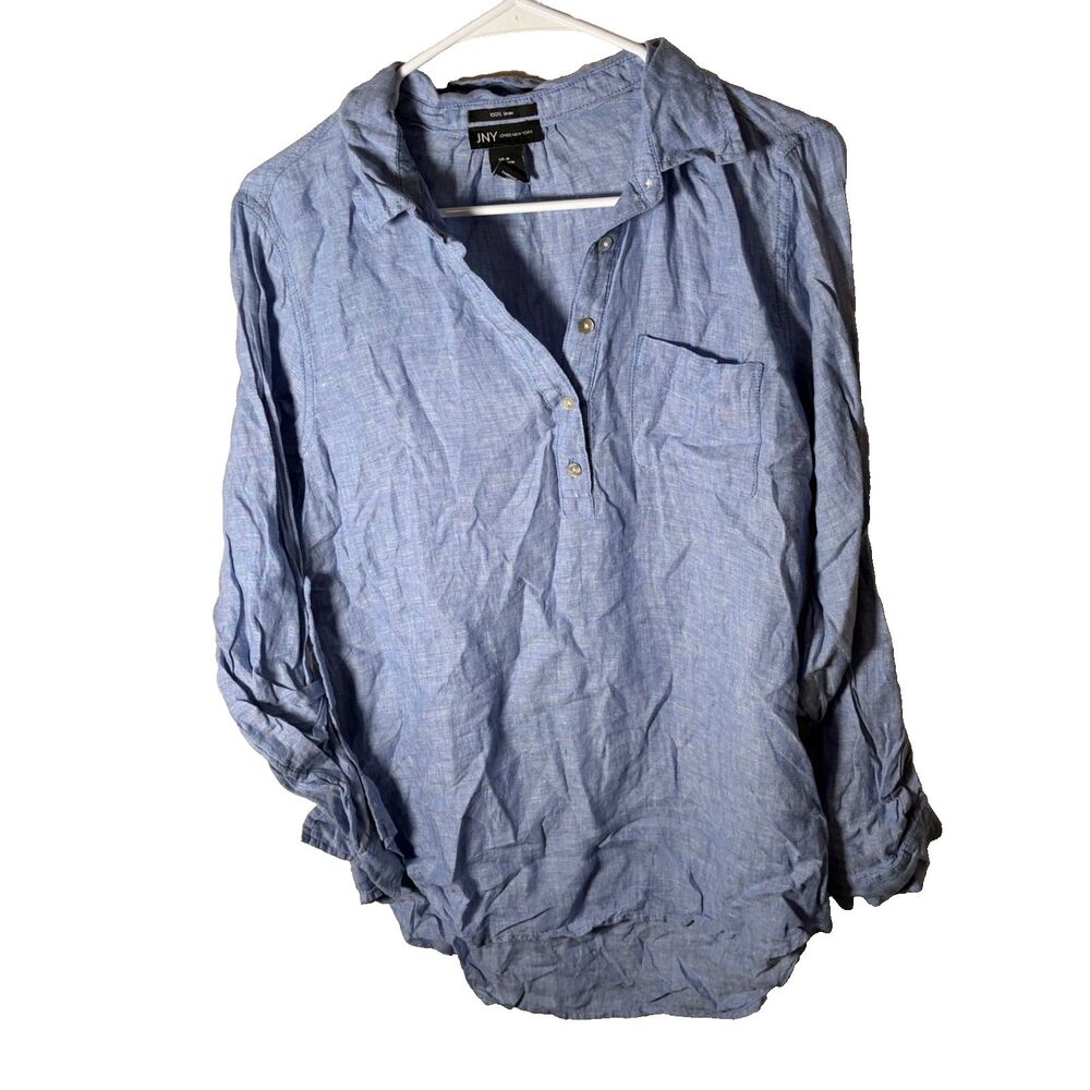 JNY Jones New York Blouse Women's Medium 100% Linen Blue Pocket Roll Tab